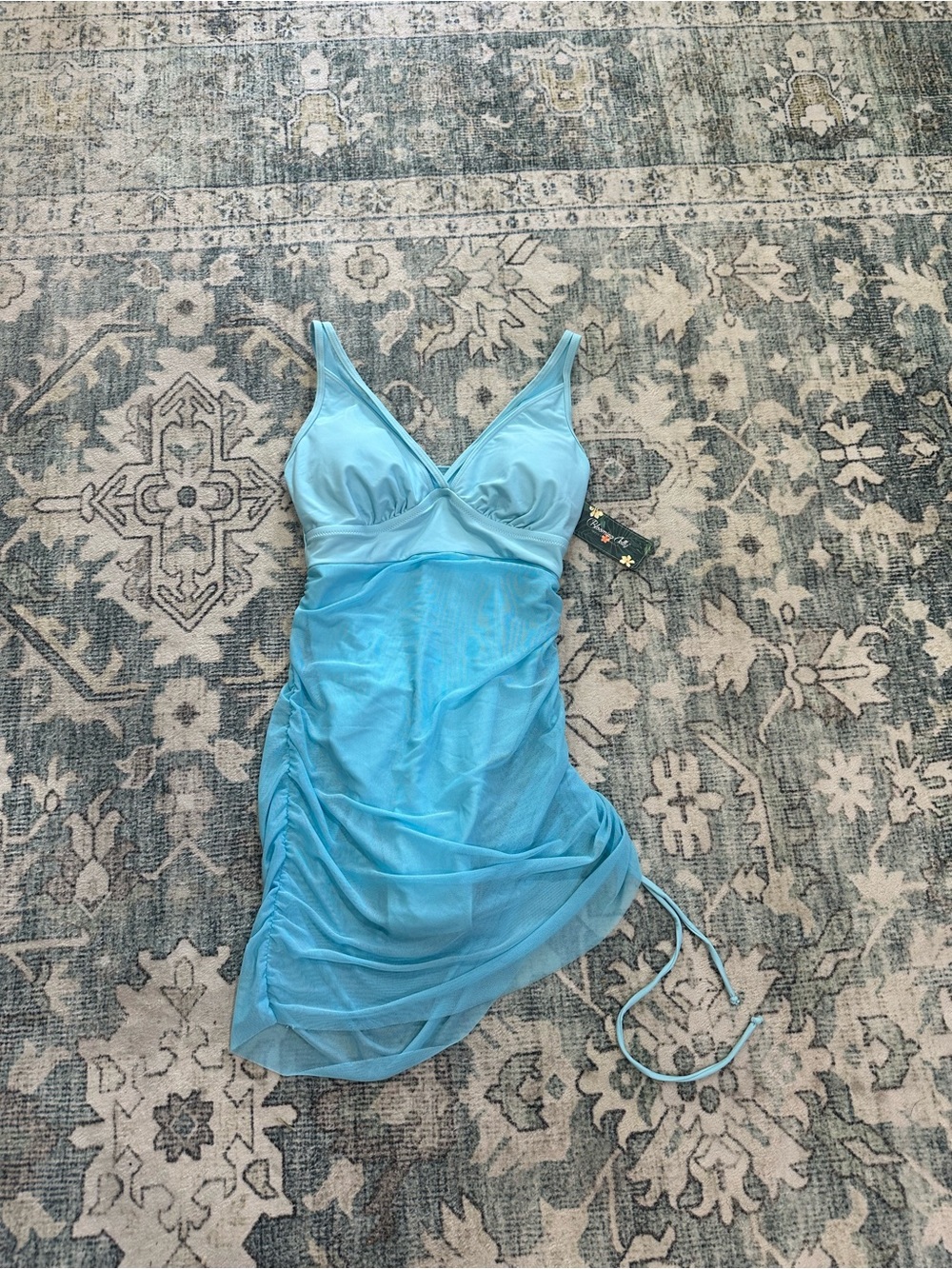 Light Blue Mesh Draped One-Piece Swim Dress
